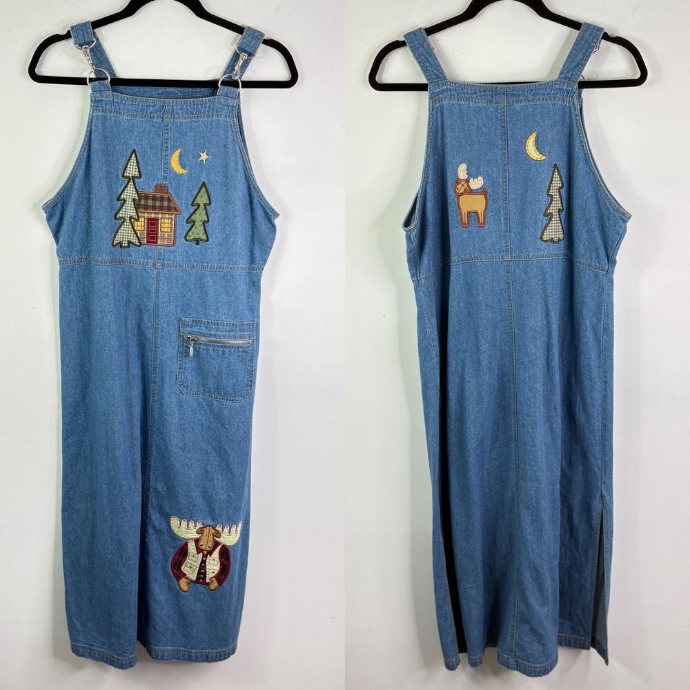 Vintage Christopher & Banks Denim Moose Cabin Moon Trees Overall Dress Size 8